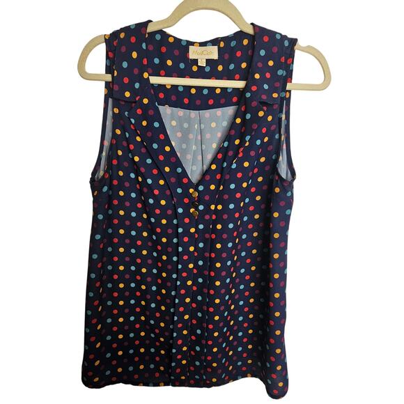 Modcloth Blouse Sleeveless Top Navy Blue Polka Dot Vneck Shirt Women L Tank Top - Picture 1 of 8